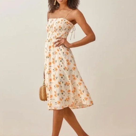 Reformation Sable Midi Dress Small Limo Orange Cream Floral Smoking Stretch - Picture 3 of 8